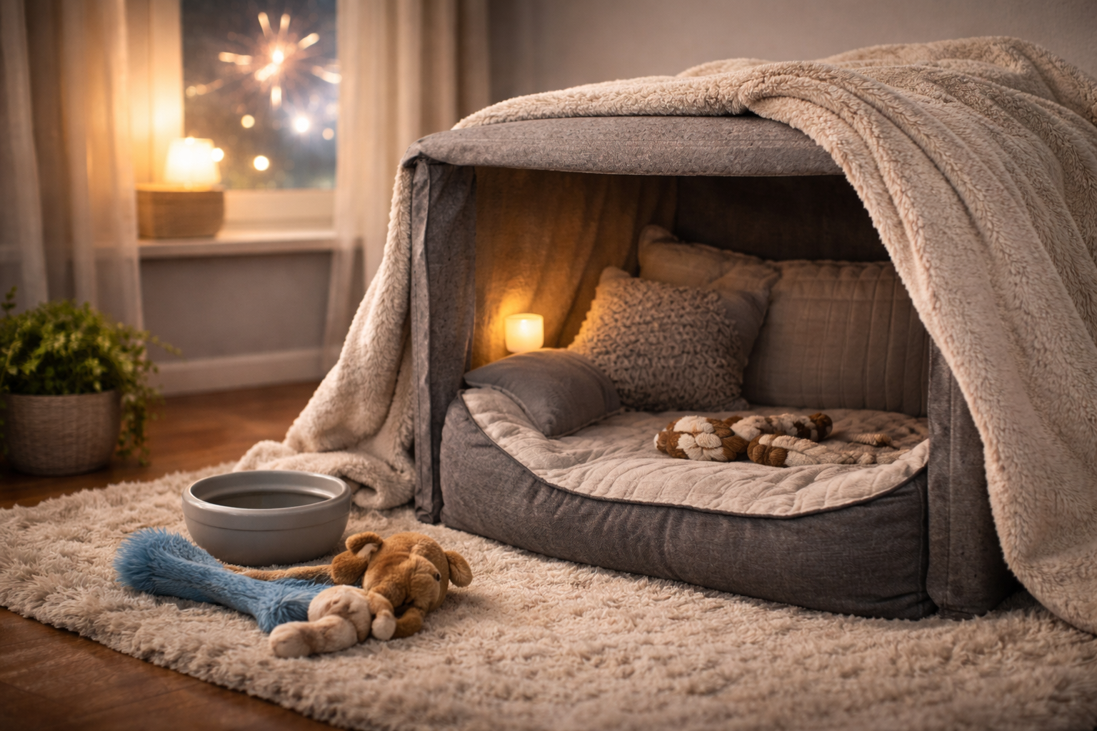 Ambiente seguro montado para cachorro com medo de fogos e trovões