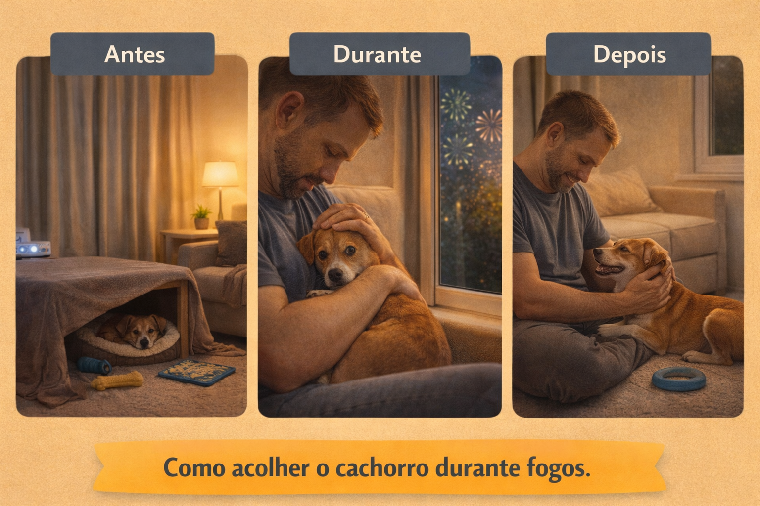 Antes, durante e depois dos fogos: como acolher o cachorro com medo de barulho
