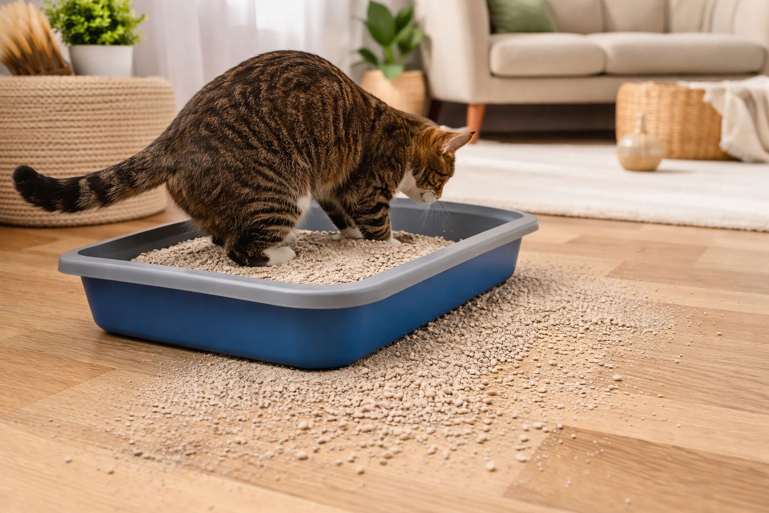 Exemplo de areia espalhada fora da caixa de areia para gatos