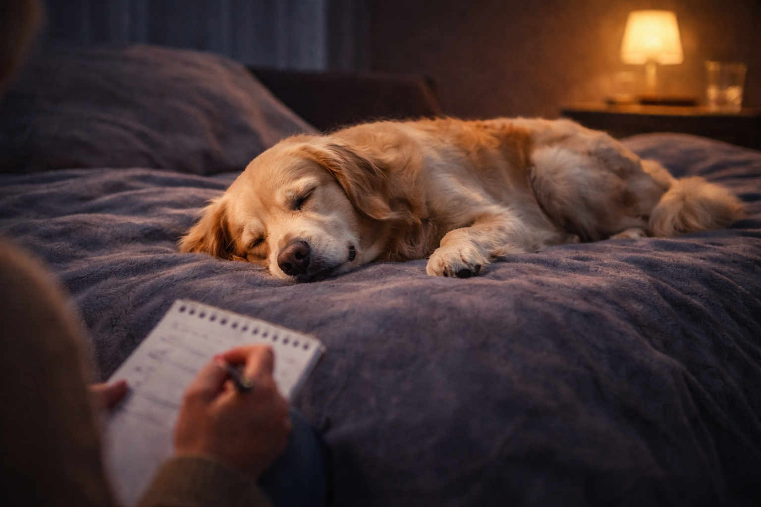 Cachorro dormindo tranquilamente enquanto tutor observa possíveis sinais de tosse noturna