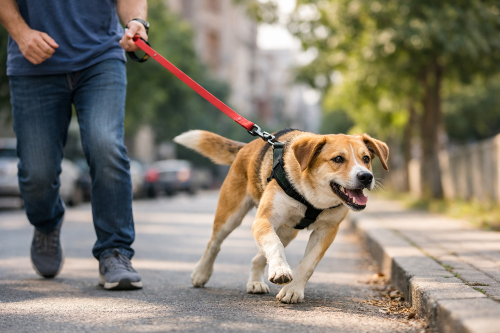 Cachorro puxando a guia no passeio enquanto o tutor caminha pela calçada
