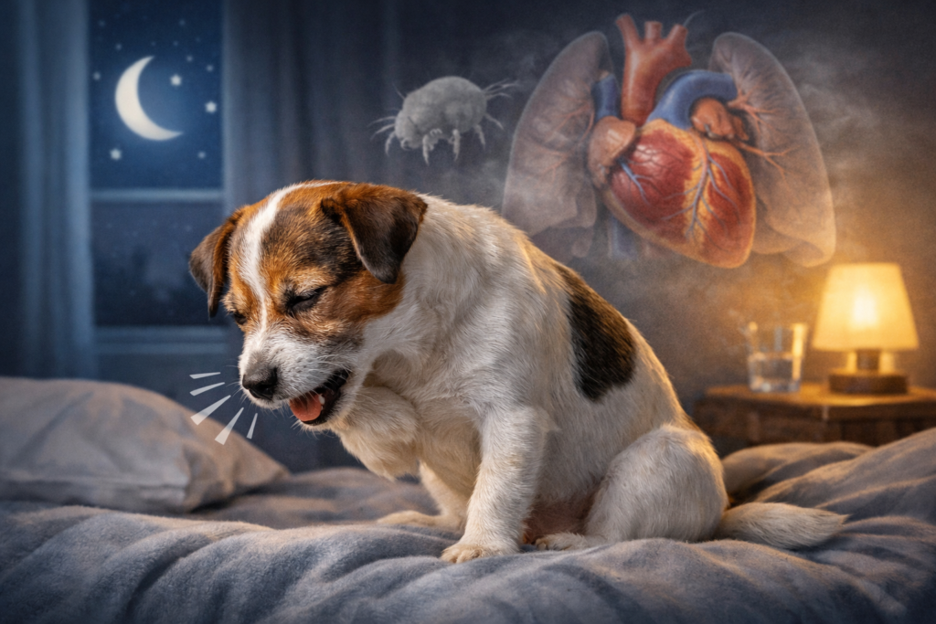 Cachorro deitado tossindo levemente à noite dentro de casa