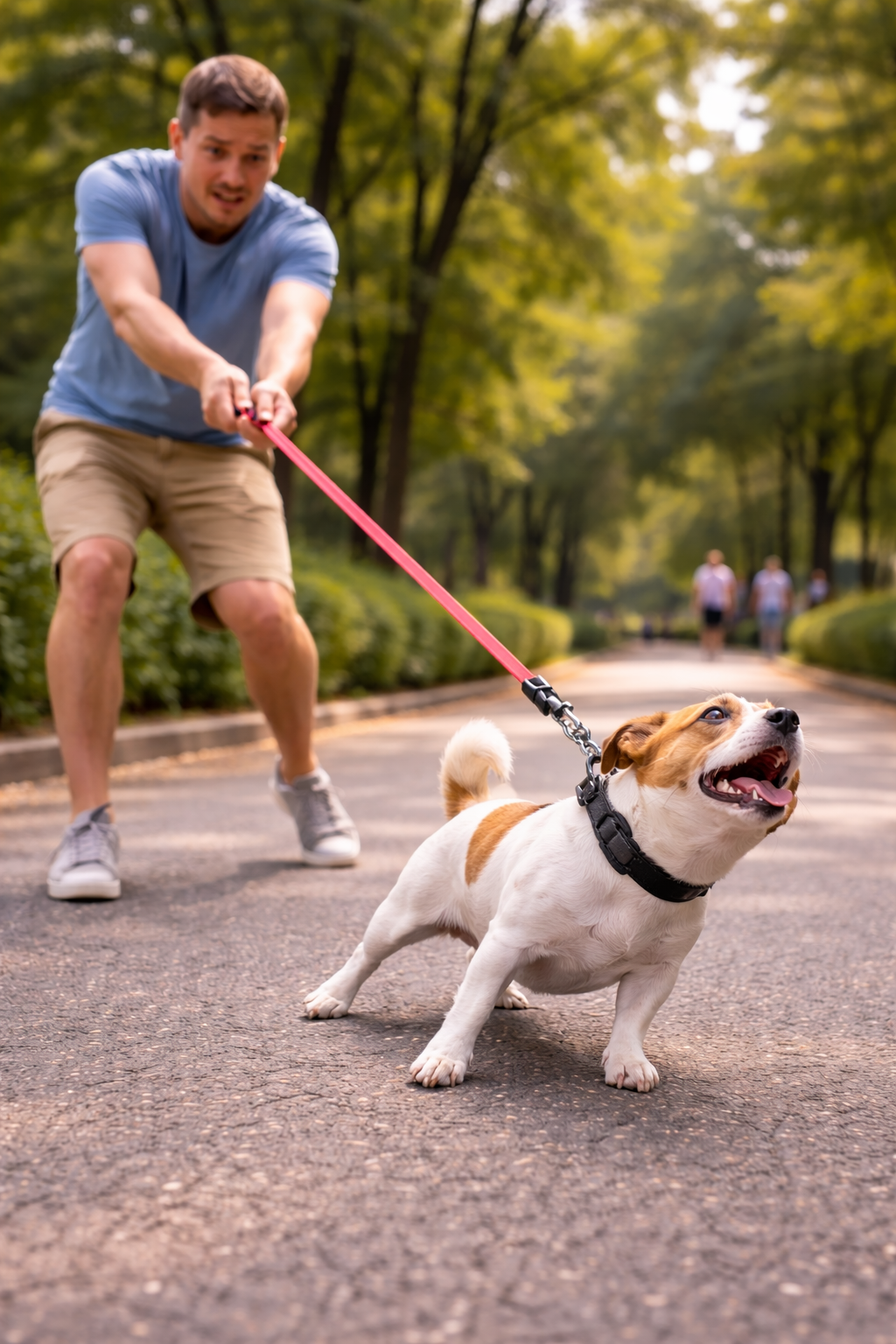 cão forçando o pescoço puxando a guia