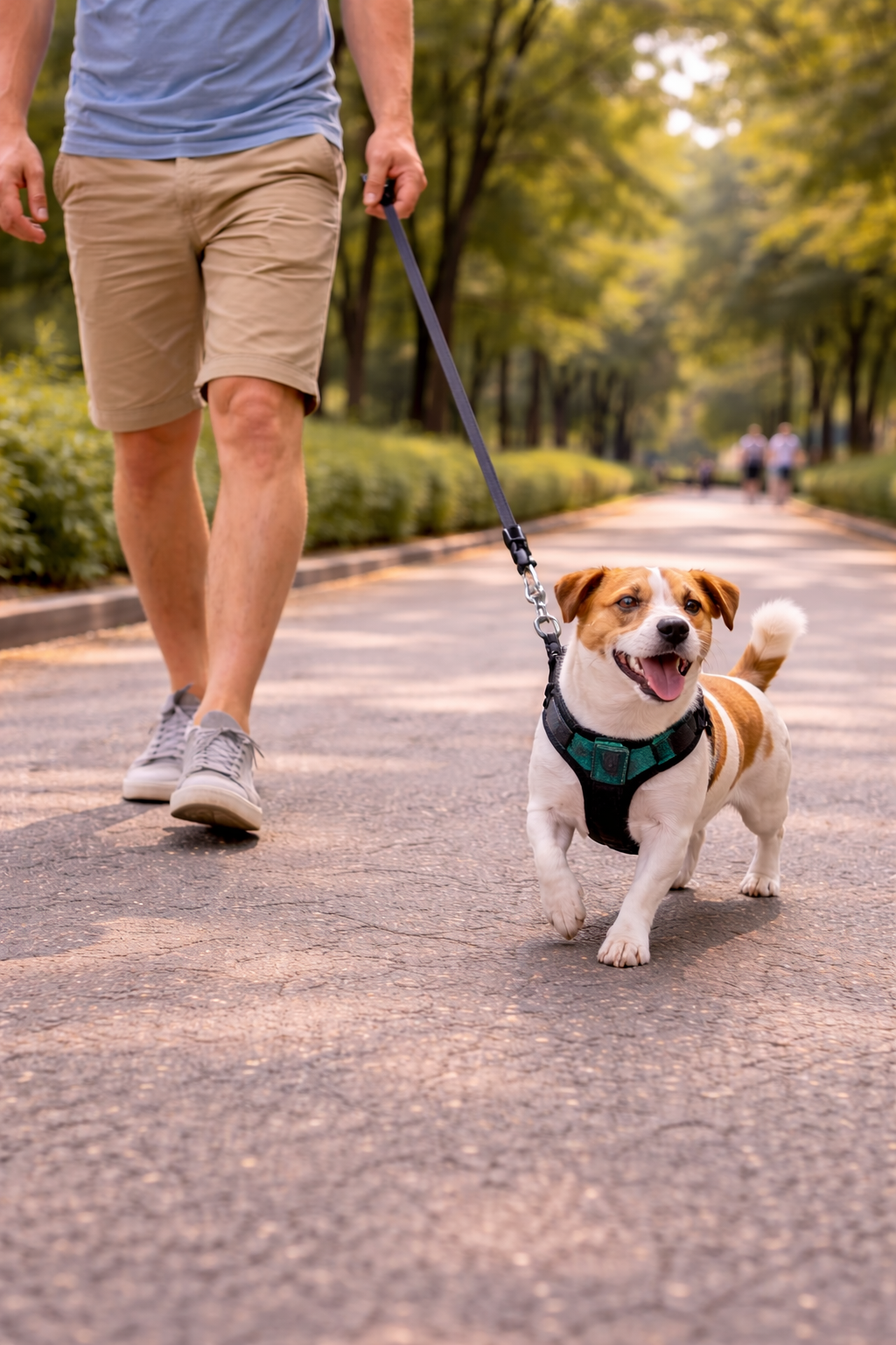 cão pequeno com peitoral anti-puxão em passeio confortável