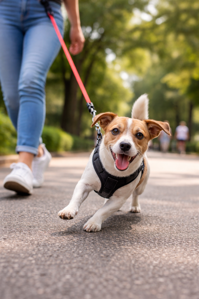 Cães pequenos puxam a guia durante o passeio