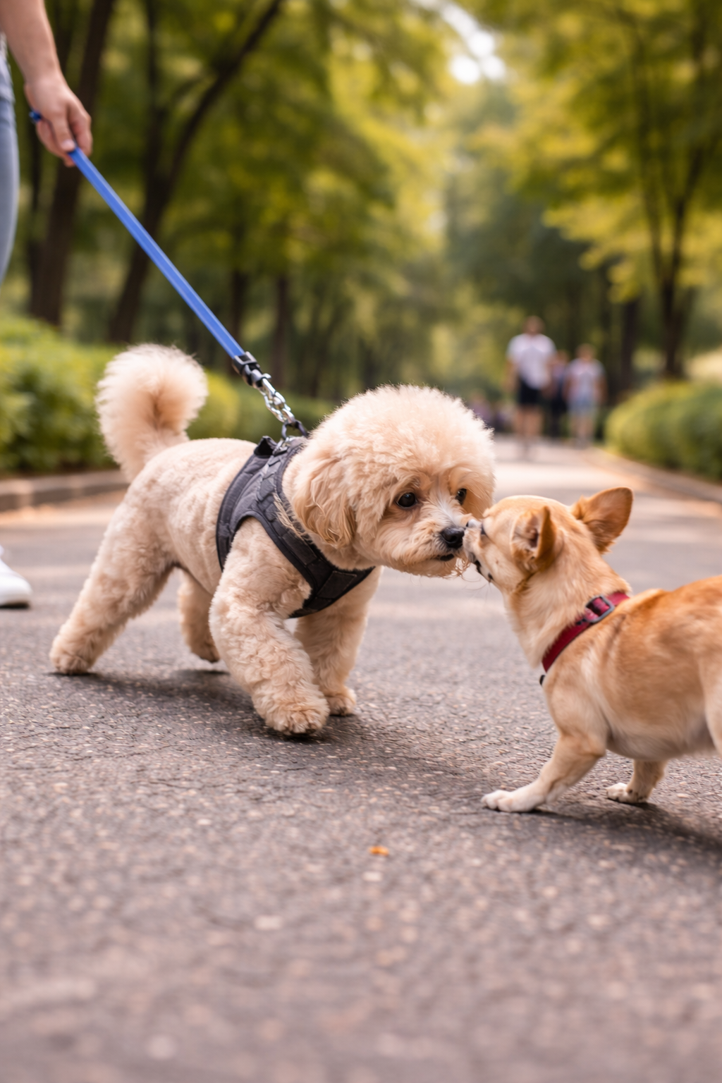 cão puxando a guia para cheirar outro cão