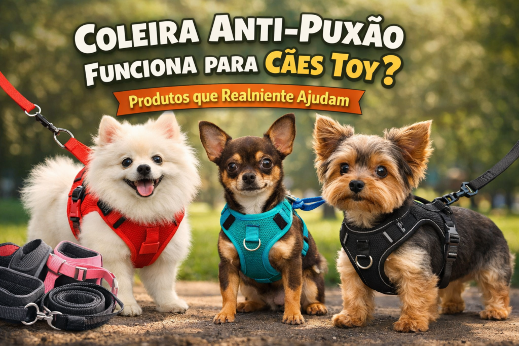 Cão toy usando arnês anti-puxão durante passeio tranquilo com guia frouxa
