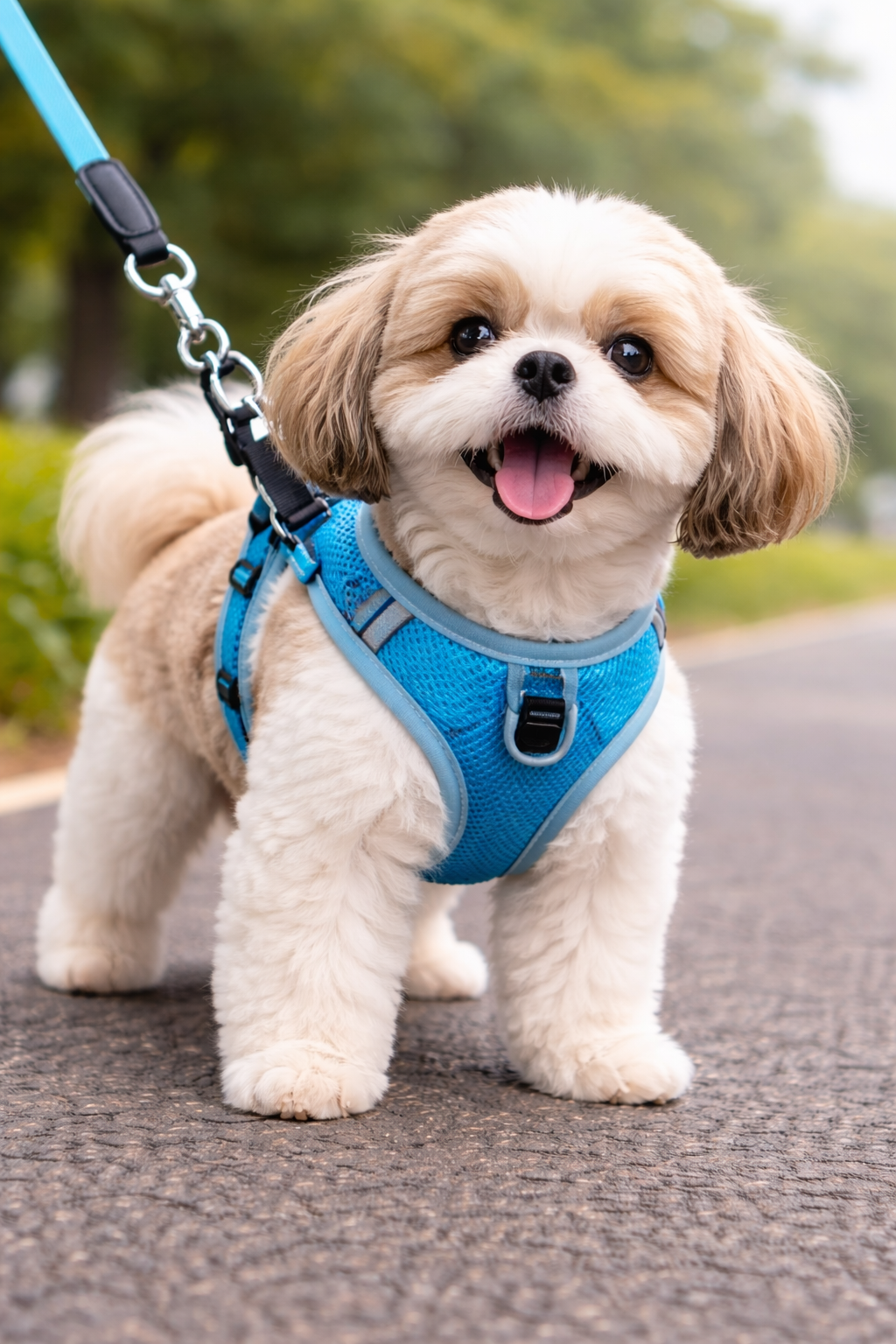 cão pequeno usando coleira anti-puxão simples durante o passeio
