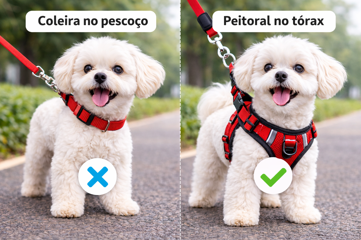 comparação visual entre coleira no pescoço e peitoral no tórax em cão pequeno