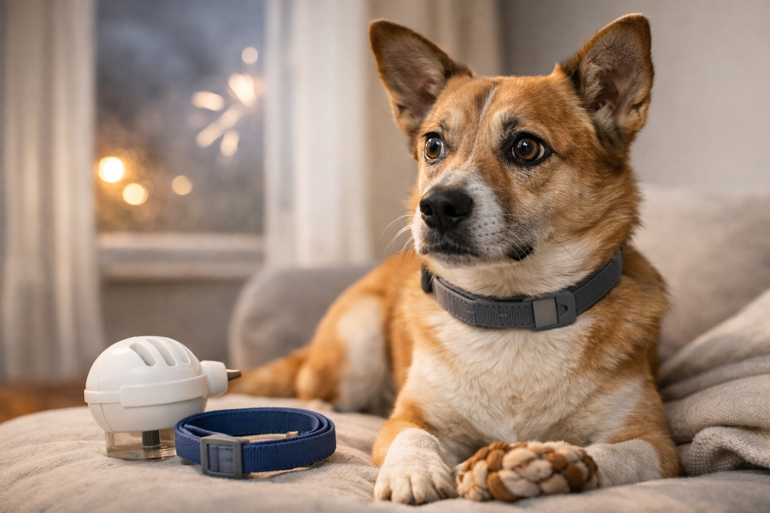 Cão com medo de barulho usando coleira calmante em ambiente seguro dentro de casa