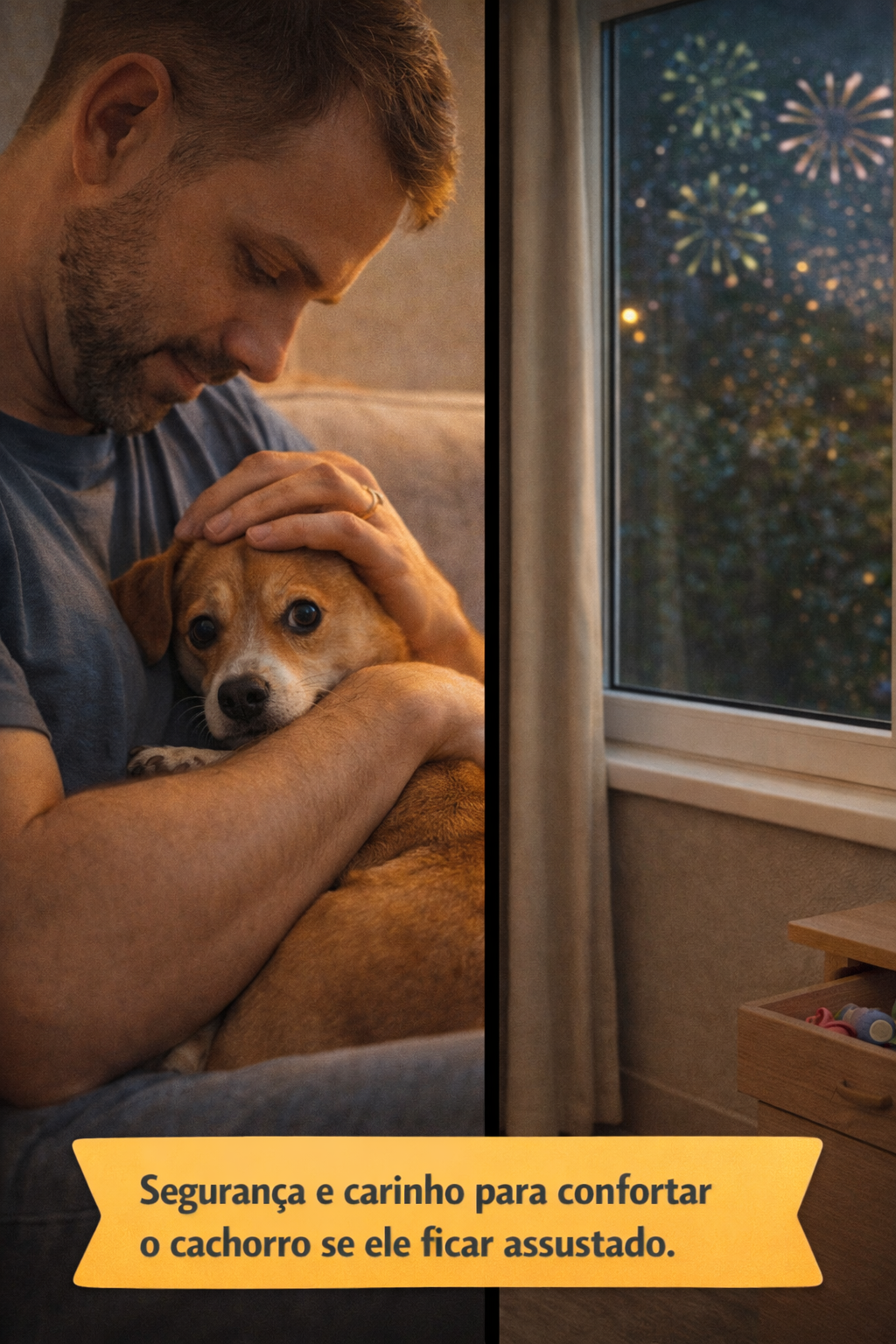 Tutor confortando cachorro assustado durante fogos dentro de casa
