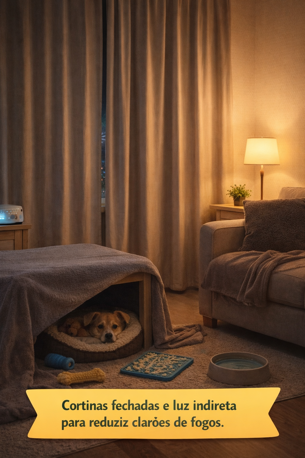 Cortinas fechadas e luz indireta para reduzir clarões de fogos para cachorro com medo