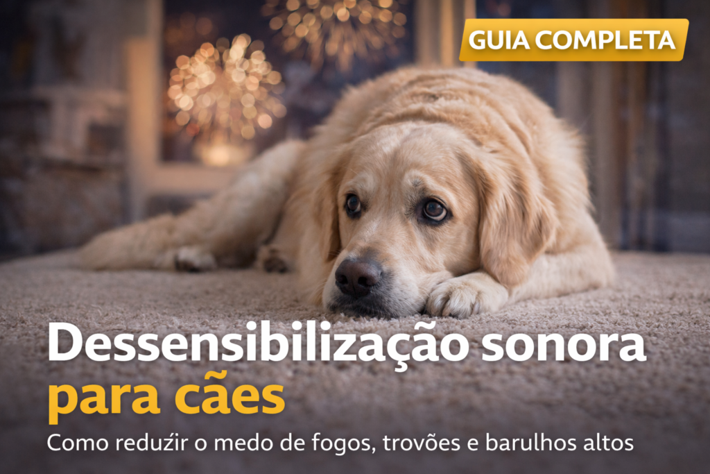 Dessensibilização sonora para cães: cachorro relaxado em ambiente seguro durante treino contra medo de barulho
