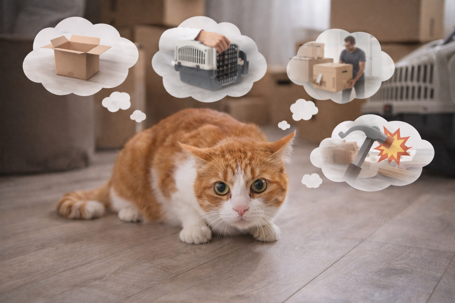 Gato assustado observando ambiente novo após mudança de casa