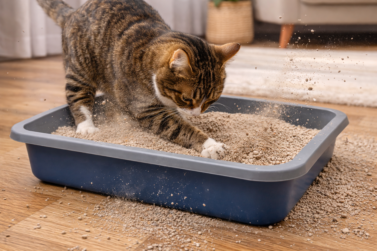 Gato cavando a caixa de areia por comportamento instintivo