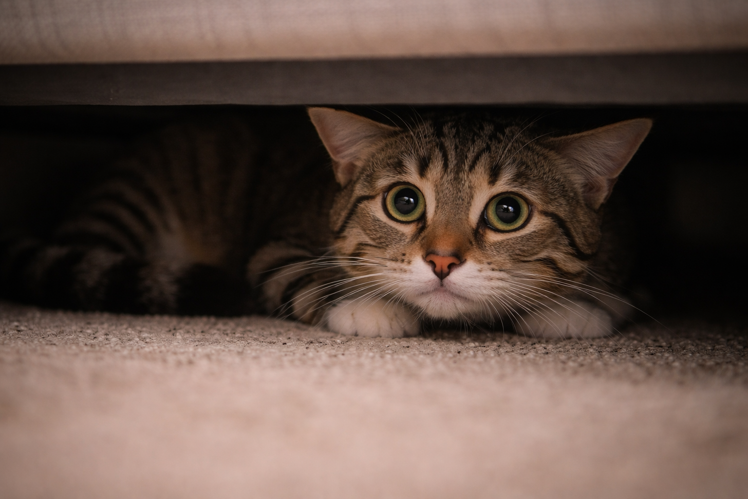 sinais de gato medroso escondido em ambiente doméstico