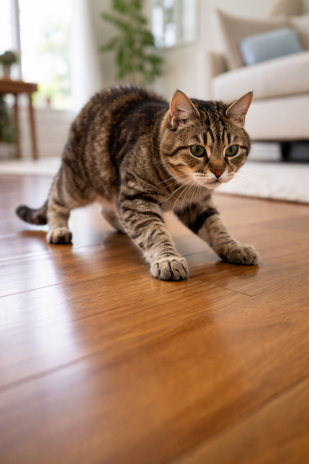 gato idoso escorregando no piso liso dentro de casa
