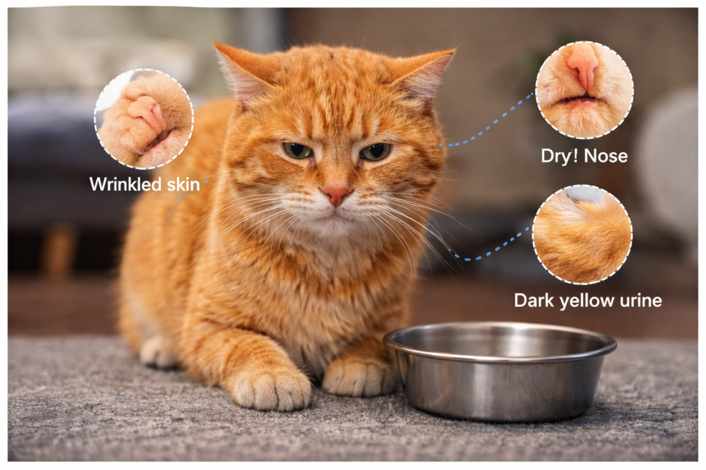 gato não bebe água e sinais de desidratação