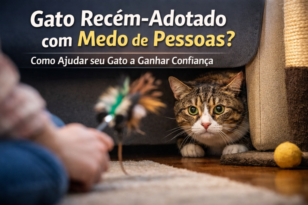 Gato recém-adotado com medo de pessoas se escondendo enquanto tutor tenta criar confiança de forma calma
