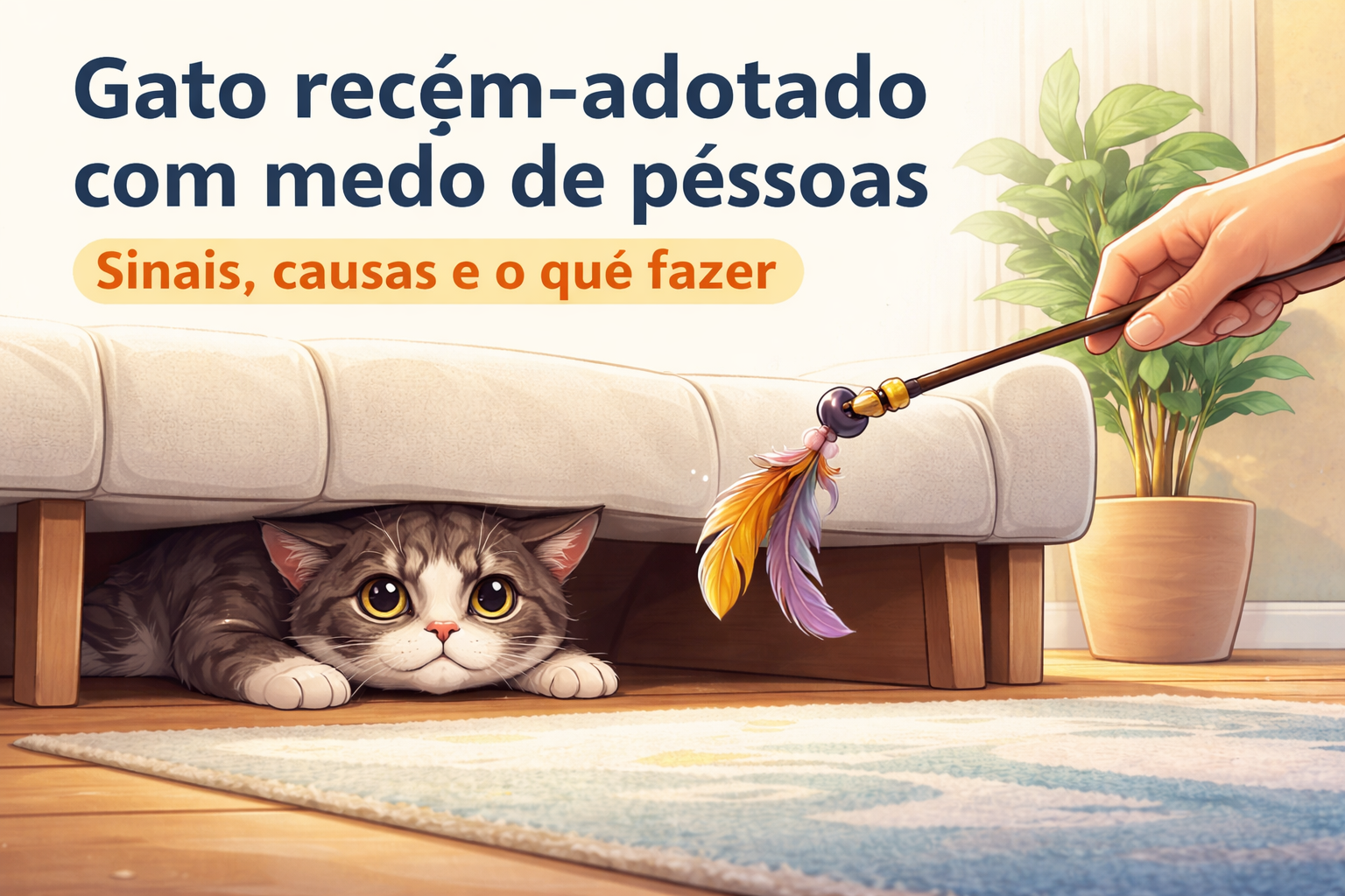 gato recém-adotado com medo de pessoas se escondendo e sendo incentivado com brinquedo