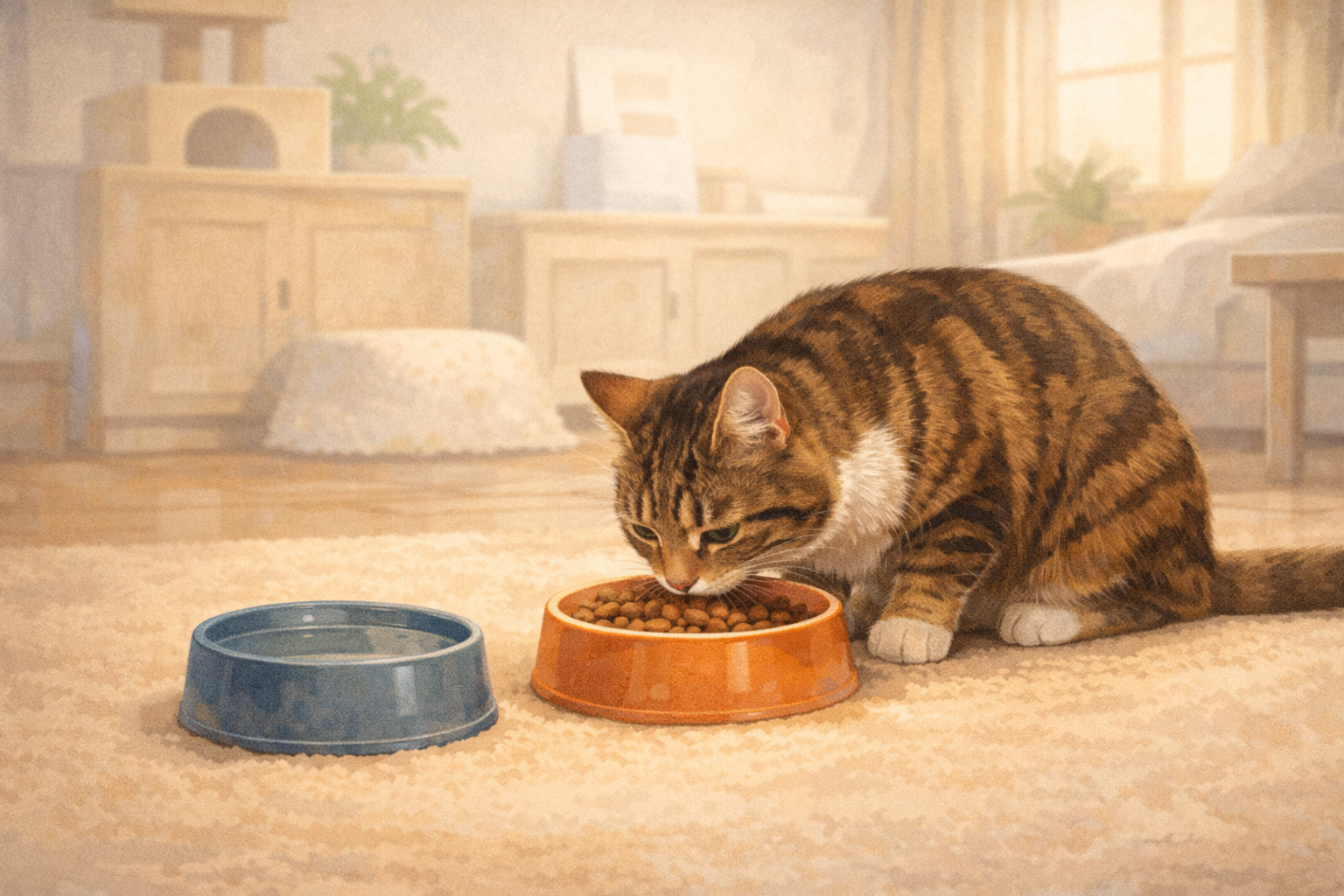 Gato recém-adotado comendo de forma tranquila em ambiente seguro