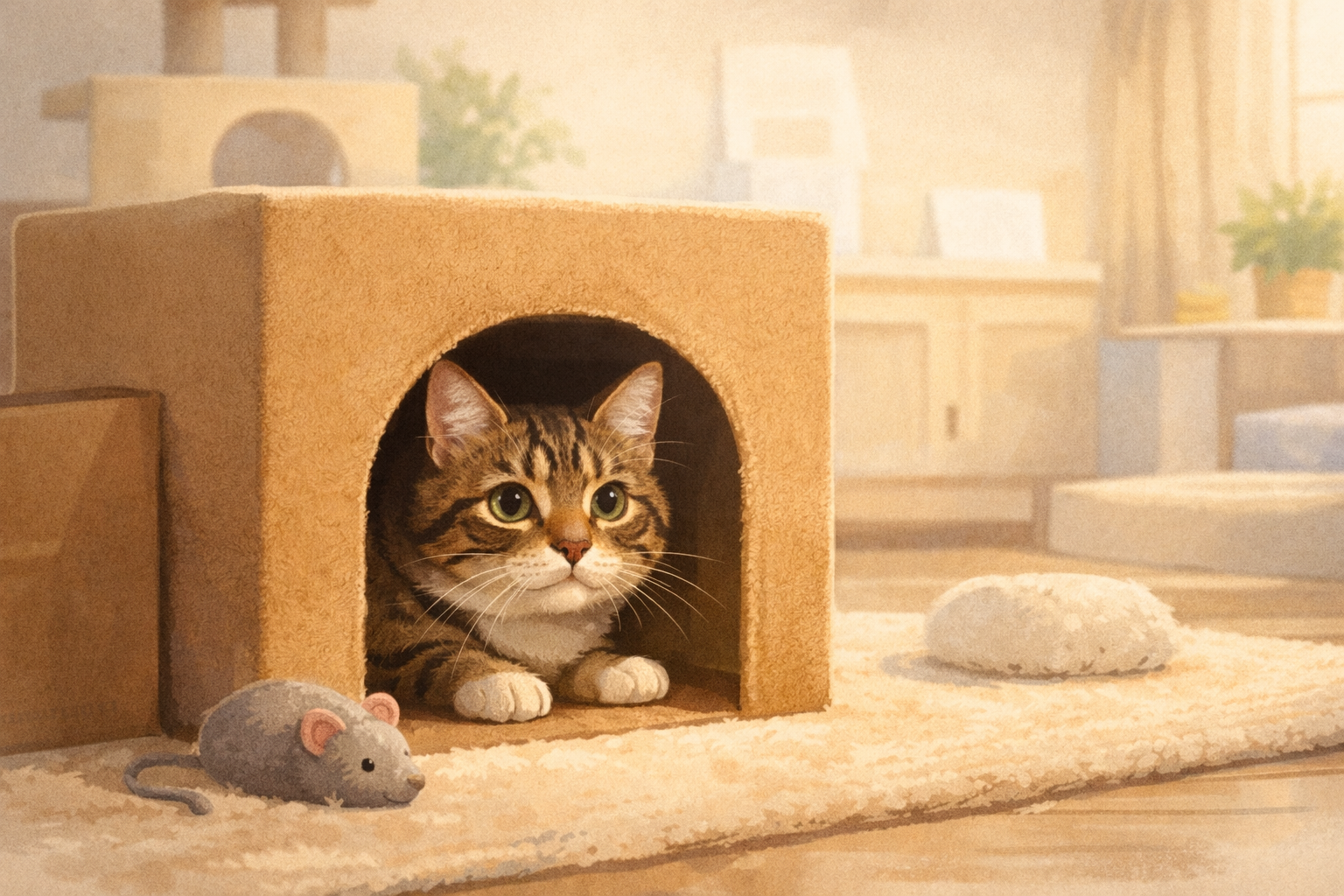 Gato recém-adotado escondido em local seguro durante a adaptação ao novo lar