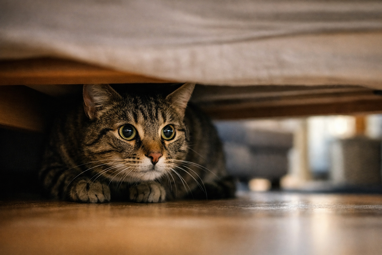 Gato recém-adotado não sai do esconderijo e observa o ambiente com medo