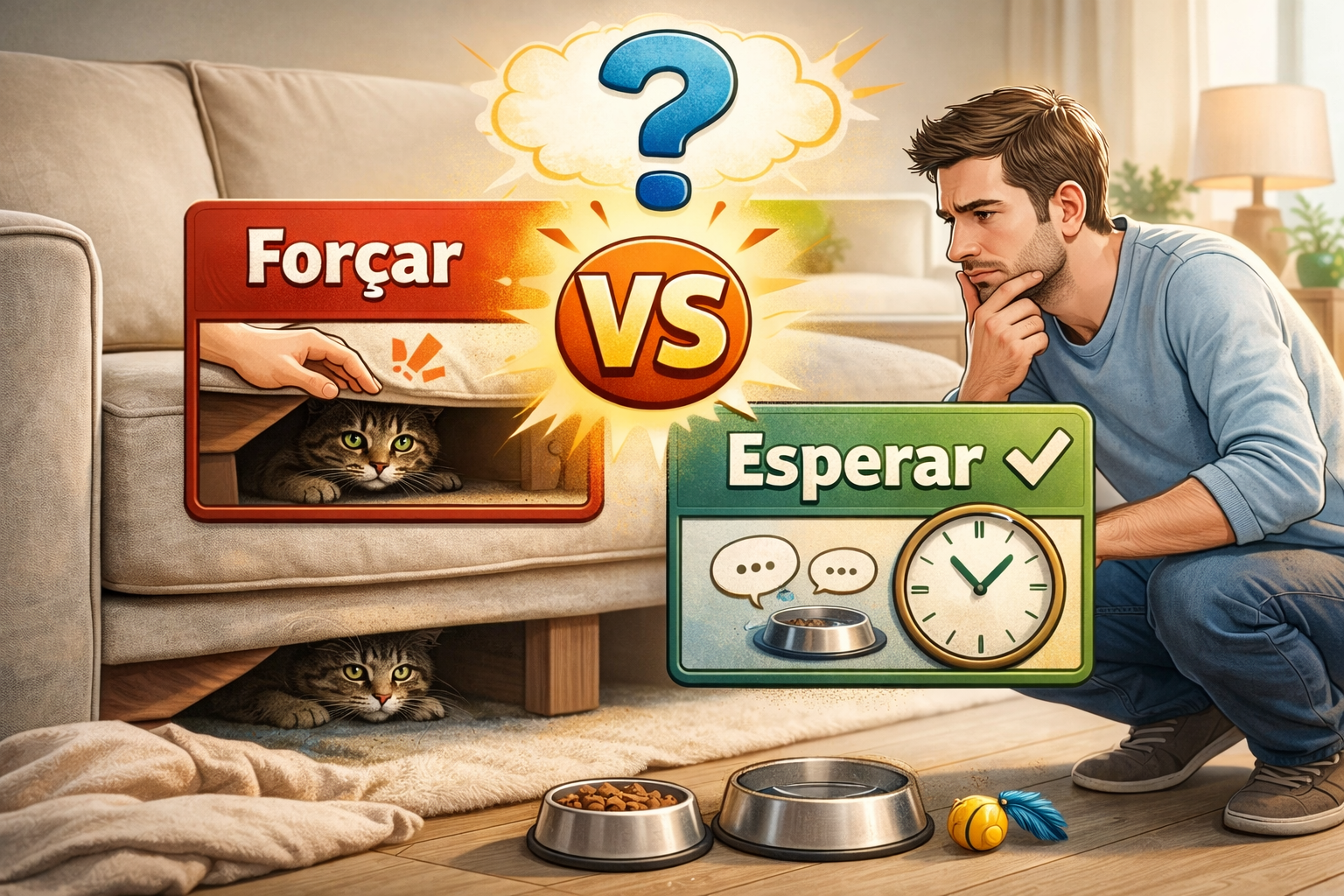 Gato recém-adotado não sai do esconderijo e tutor em dúvida entre forçar ou esperar