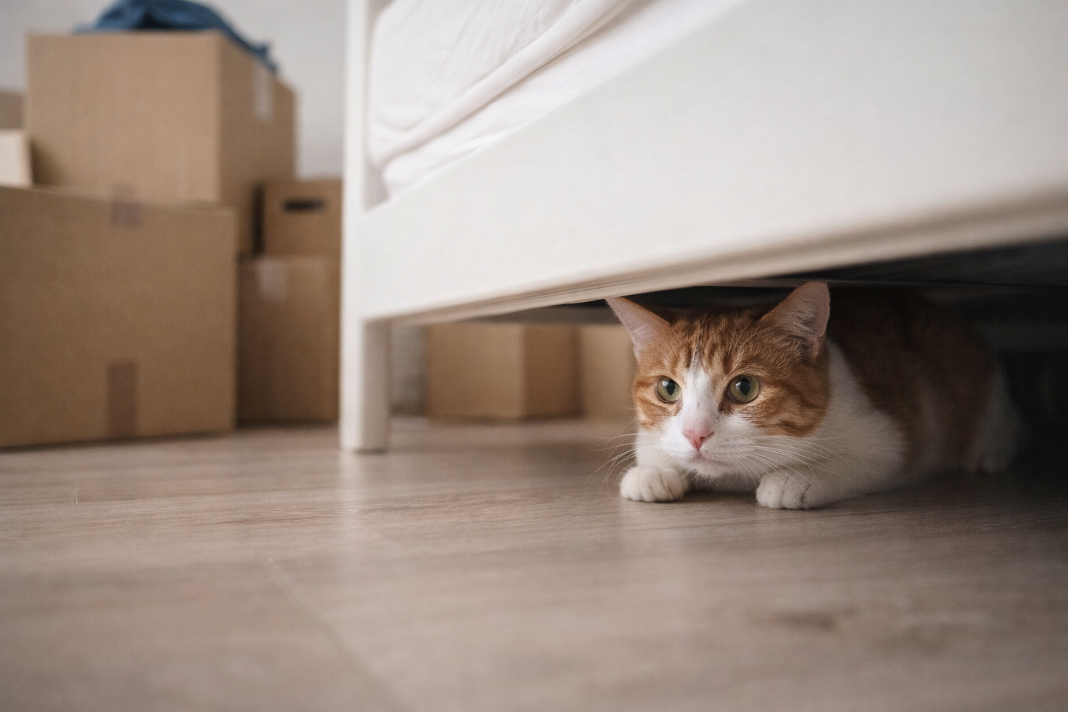 Gato se escondendo embaixo da cama após mudança para casa nova