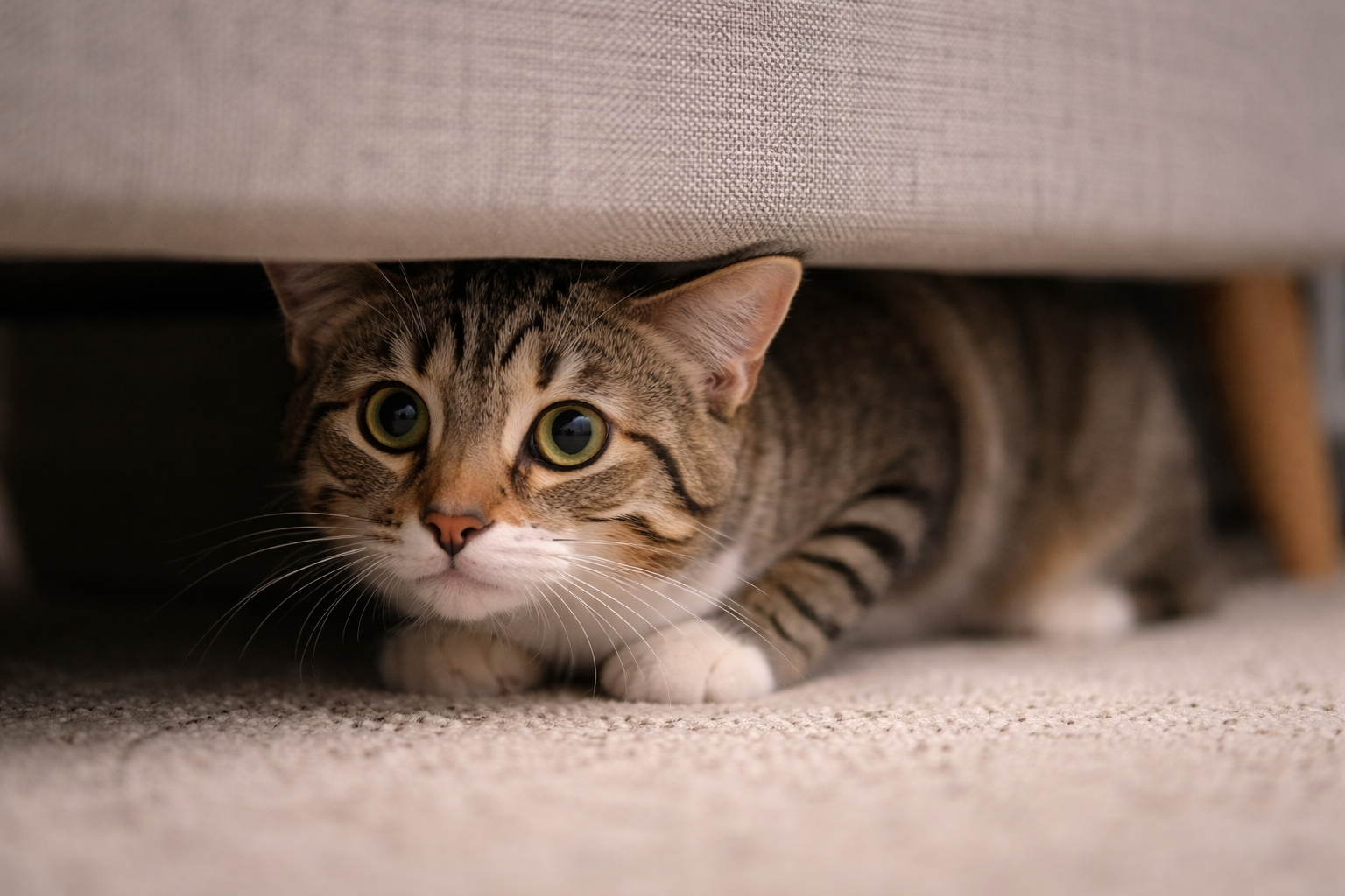 gato medroso com expressão corporal de medo leve em ambiente doméstico