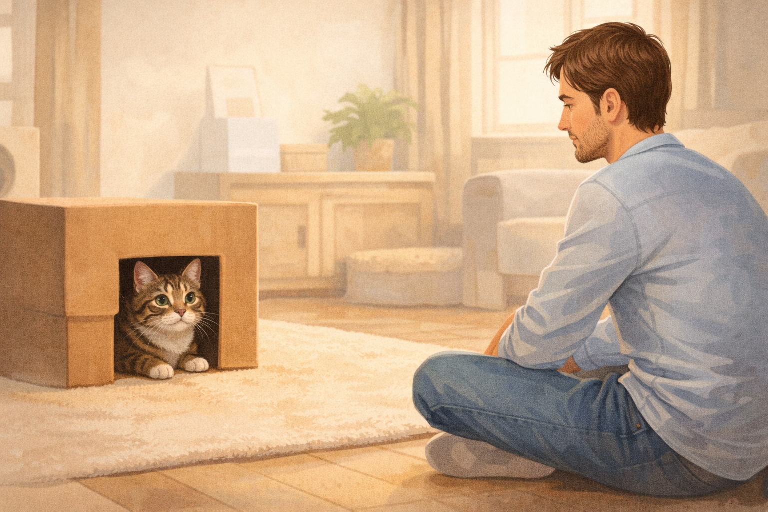 Tutor sentado no chão respeitando o espaço de um gato recém-adotado