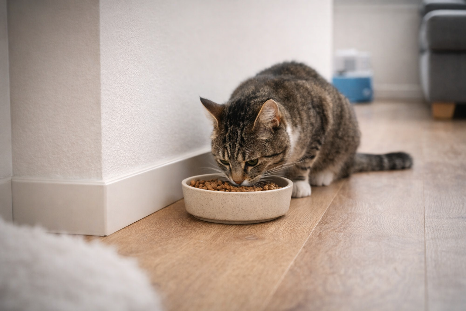 Local correto para colocar o pote de comida do gato recém-adotado em ambiente tranquilo