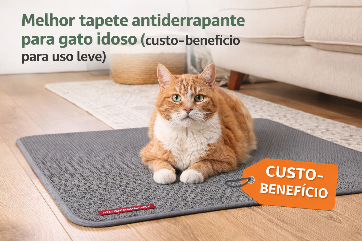 Gato idoso usando tapete antiderrapante para evitar escorregões em casa