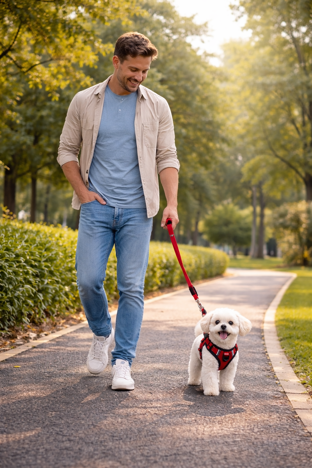 passeio tranquilo com cachorro pequeno usando peitoral confortável