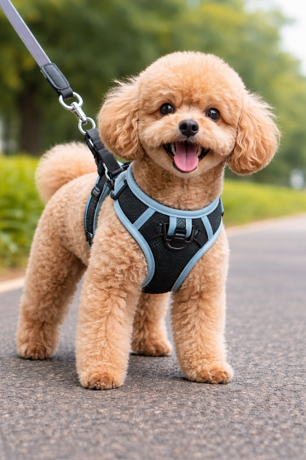cão pequeno usando peitoral anti-puxão frontal durante o passeio