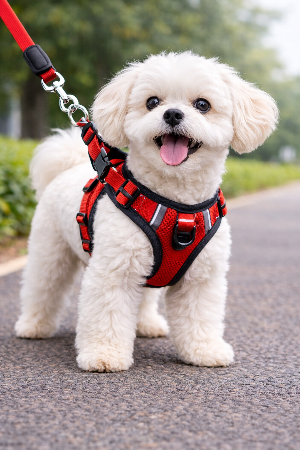 cão pequeno usando peitoral ergonômico premium durante o passeio