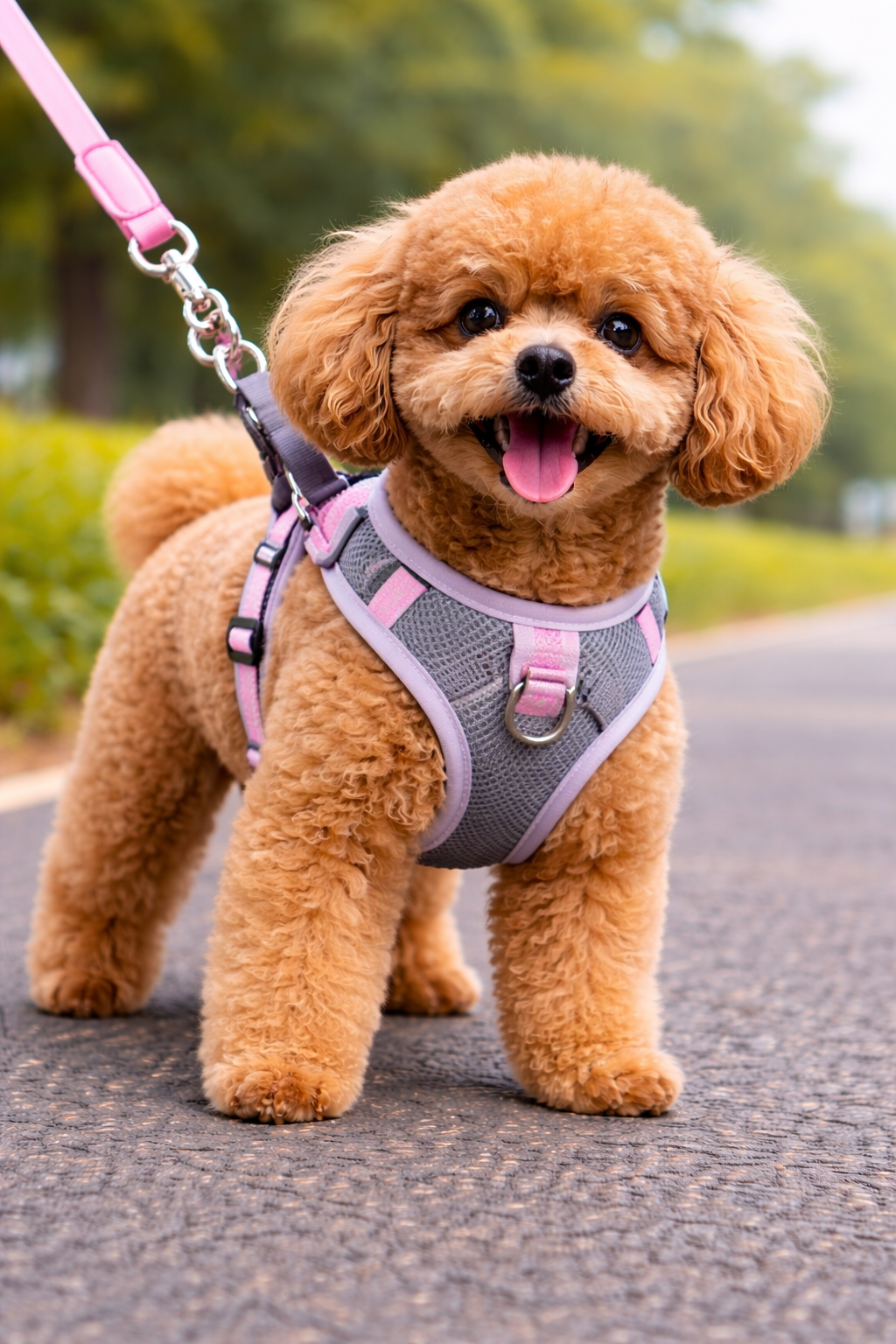 filhote de cachorro pequeno usando peitoral confortável durante o passeio