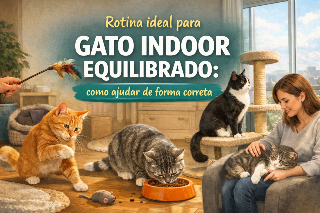 gato indoor equilibrado seguindo rotina diária com brinquedos, descanso e alimentação adequada