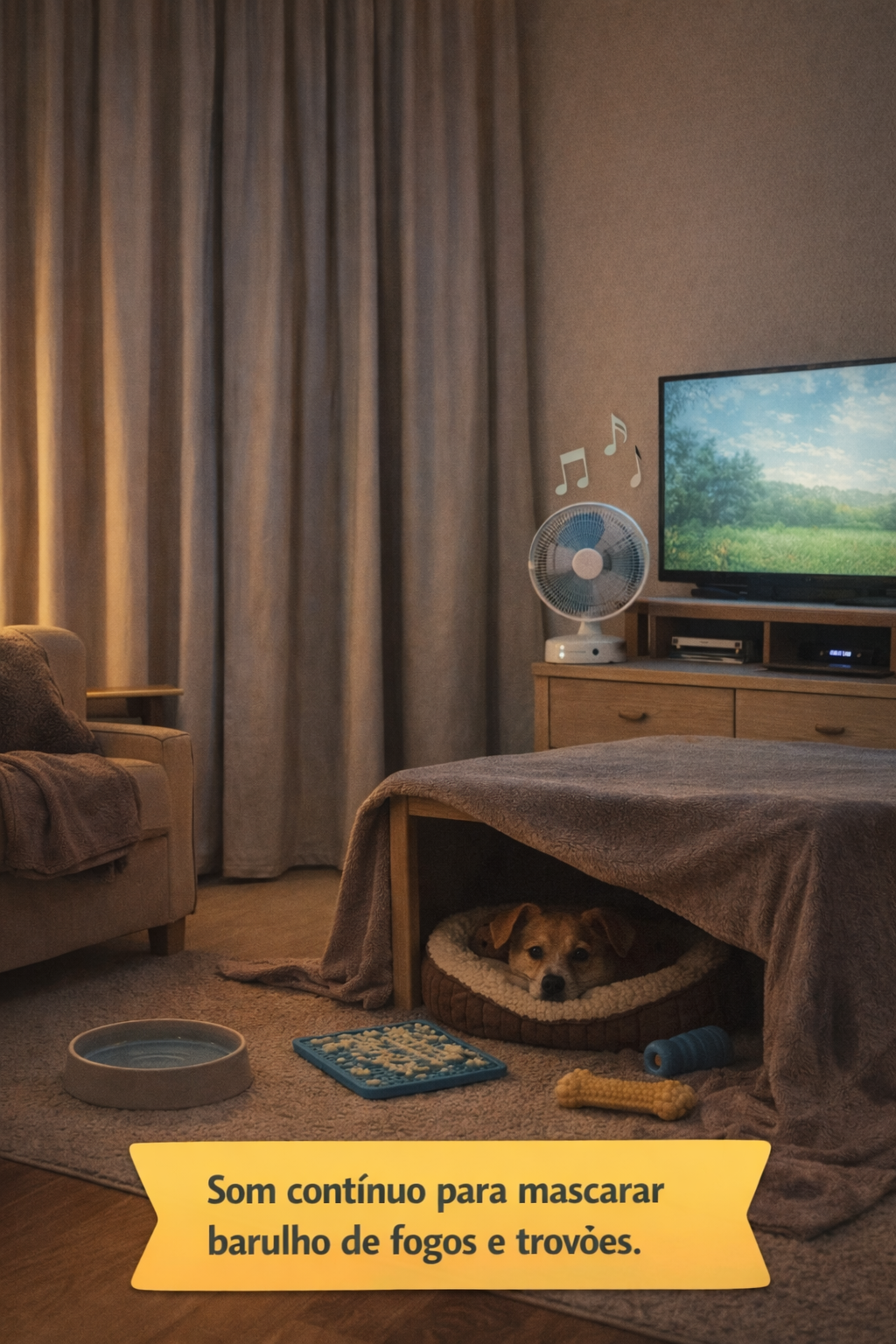 Som contínuo com TV e ventilador para mascarar barulho de fogos para cachorro com medo