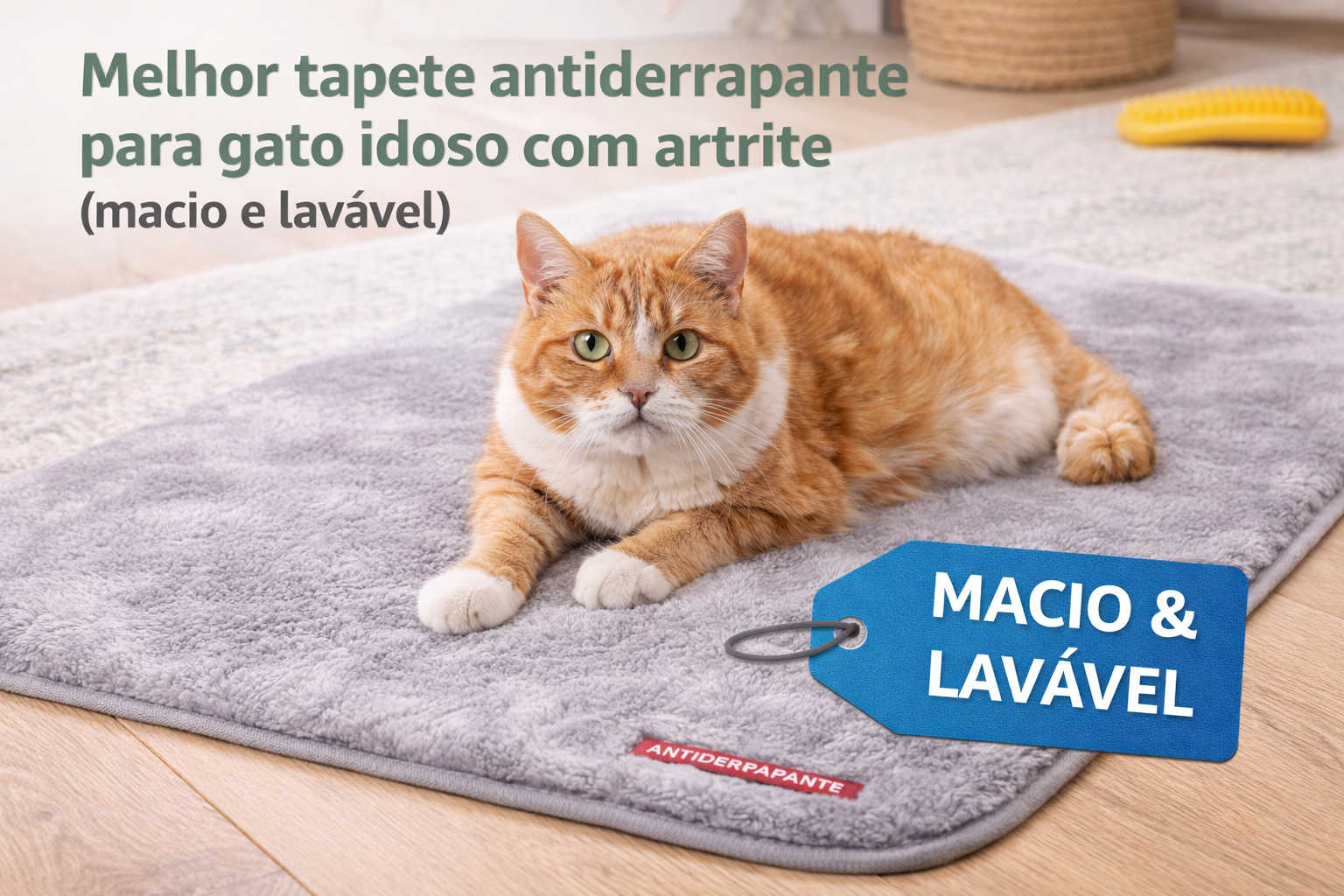 Gato idoso com artrite descansando sobre tapete antiderrapante macio e confortável