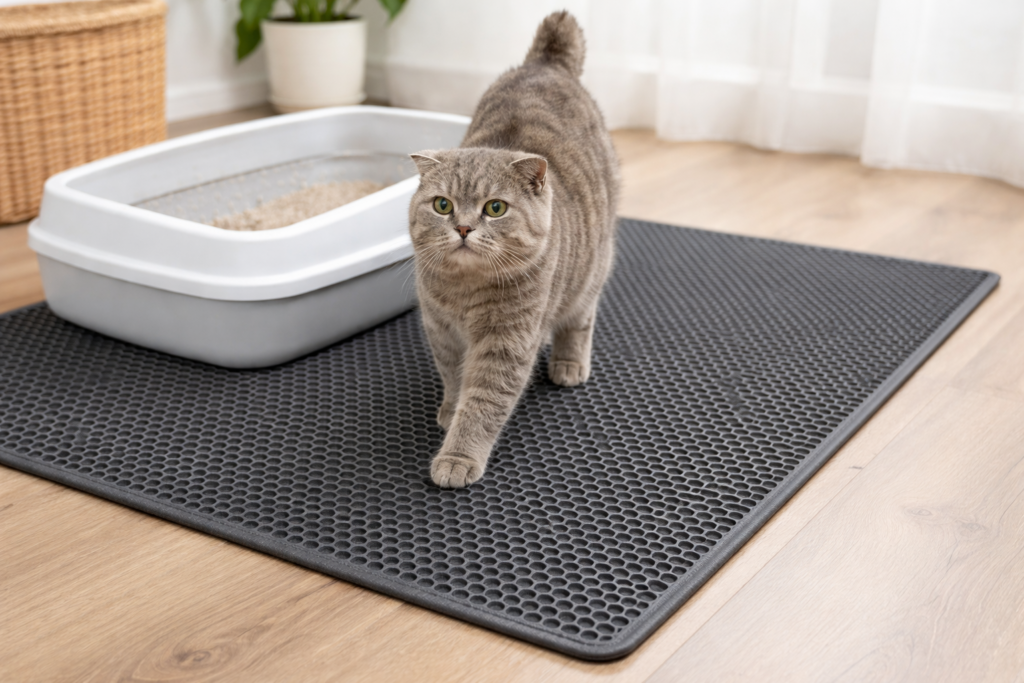 Tapete antiderrapante para gato idoso evitando escorregões perto da caixa de areia