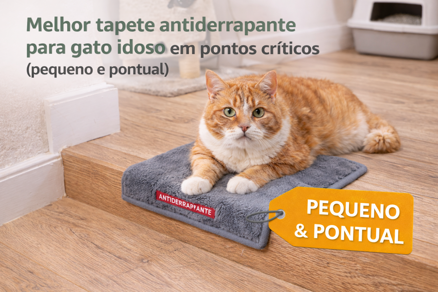 Tapete antiderrapante pequeno usado em ponto crítico para gato idoso subir degrau com segurança
