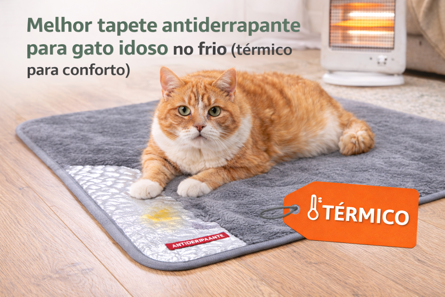 Gato idoso descansando sobre tapete antiderrapante térmico para maior conforto no frio