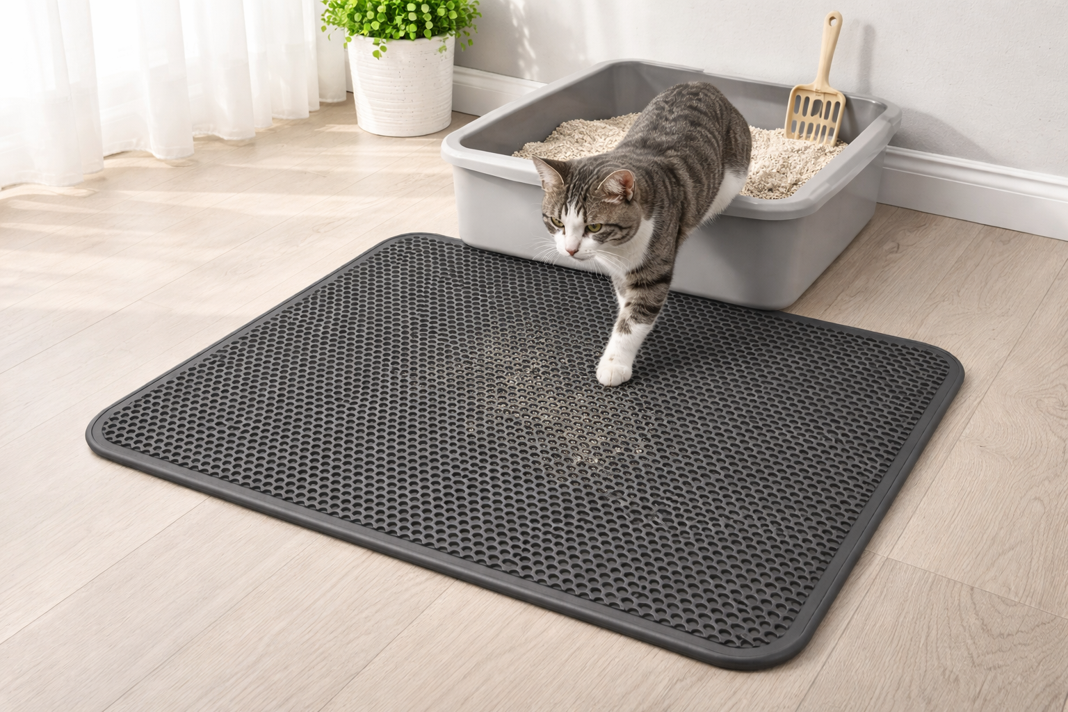 tapete coletor de areia para gatos em uso na frente da caixa de areia