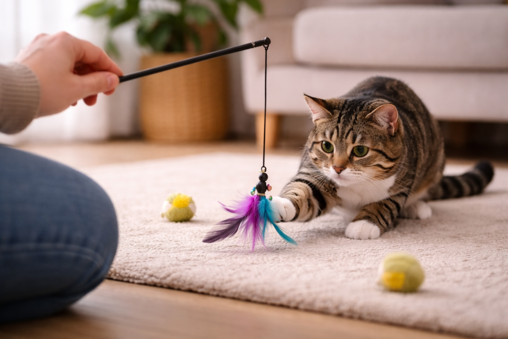 tutor brincando à distância para gato medroso ganhar confiança