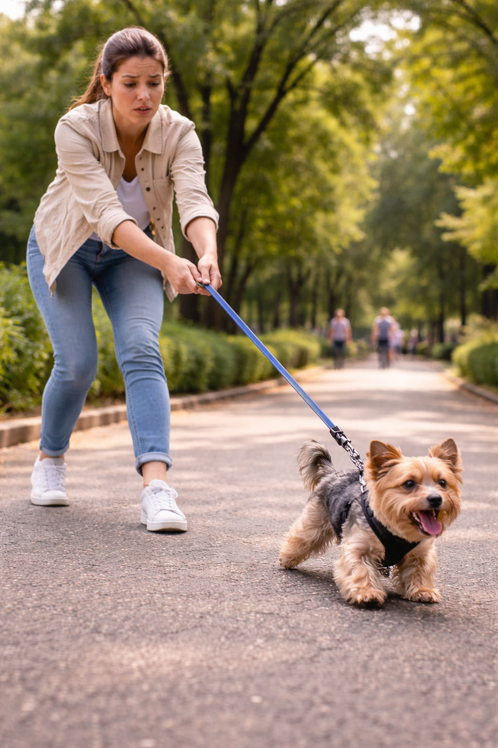 tutor com dificuldade no passeio com cachorro pequeno puxando a guia