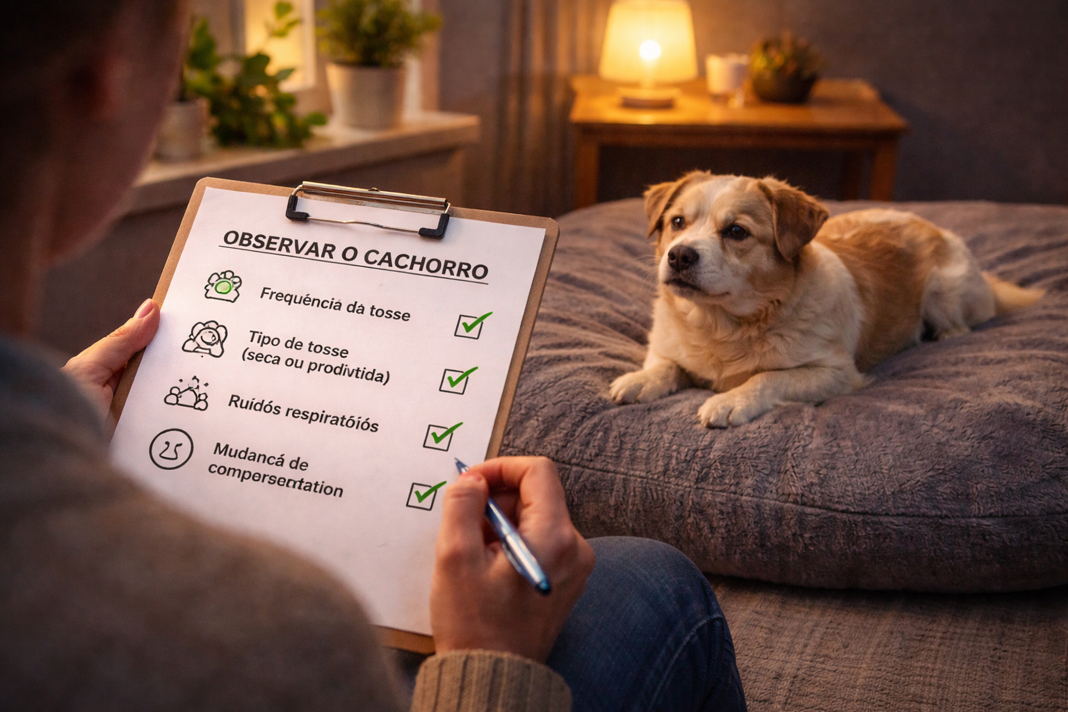 Tutor observando cachorro à noite para identificar sinais de tosse e respiração alterada
