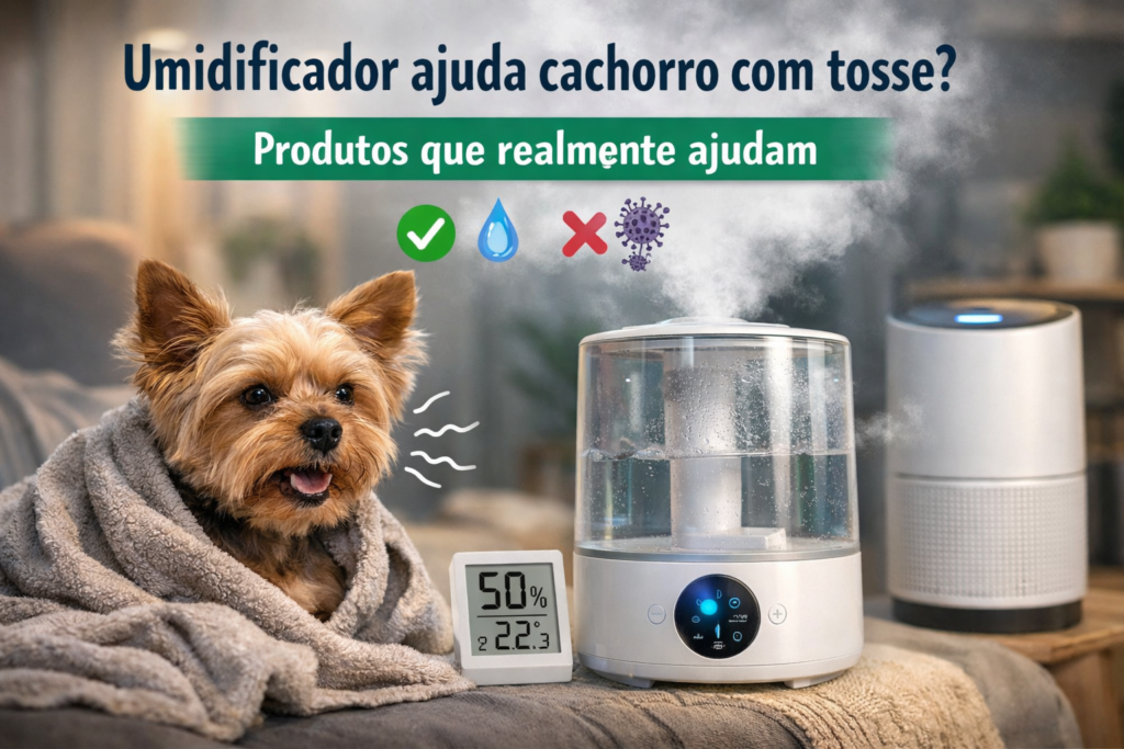 Umidificador ajudando cachorro pequeno com tosse em ambiente com umidade controlada