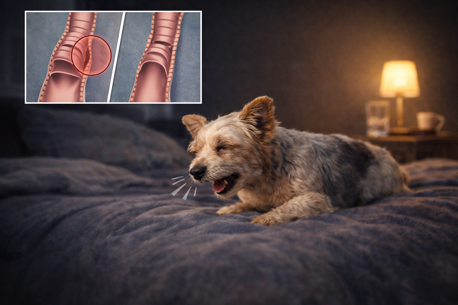 Yorkshire Terrier deitado tossindo à noite, quadro comum em colapso de traqueia
