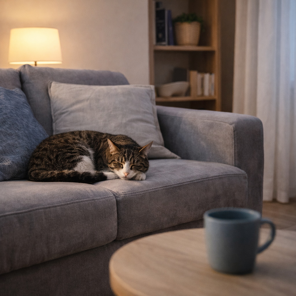 gato relaxado em ambiente doméstico calmo e silencioso durante adaptação